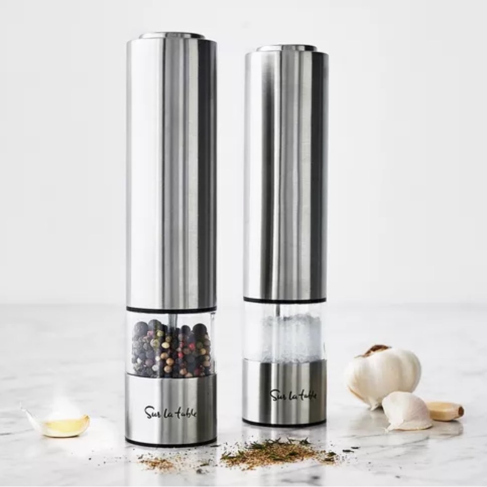 New! Sur La Table ELECTRIC Stainless Steel Salt & Pepper Mill Set of 2